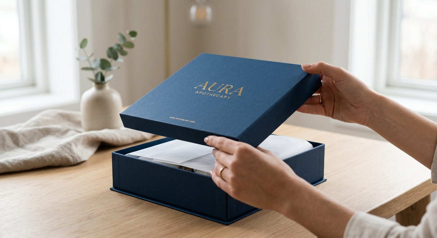 Dos manos abriendo una caja azul oscuro con el interior forrado en blanco