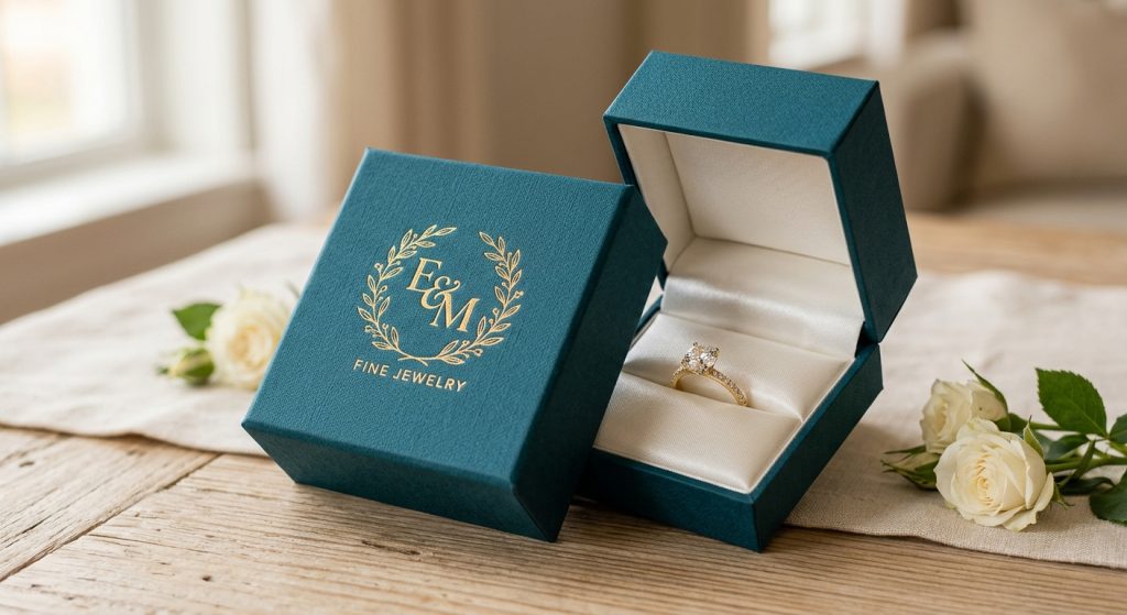 Estuche verde azulado abierto con un anillo en su interior, junto a unas flores