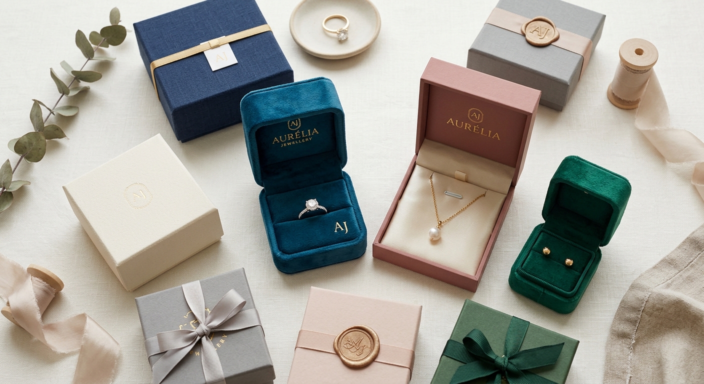 Conjunto de cajas y bolsas de joyería en varios colores, algunas abiertas, sobre una mesa