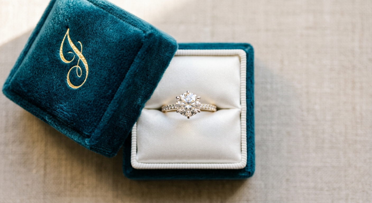 Estuche de terciopelo azul verdoso abierto con un anillo de diamantes en su interior