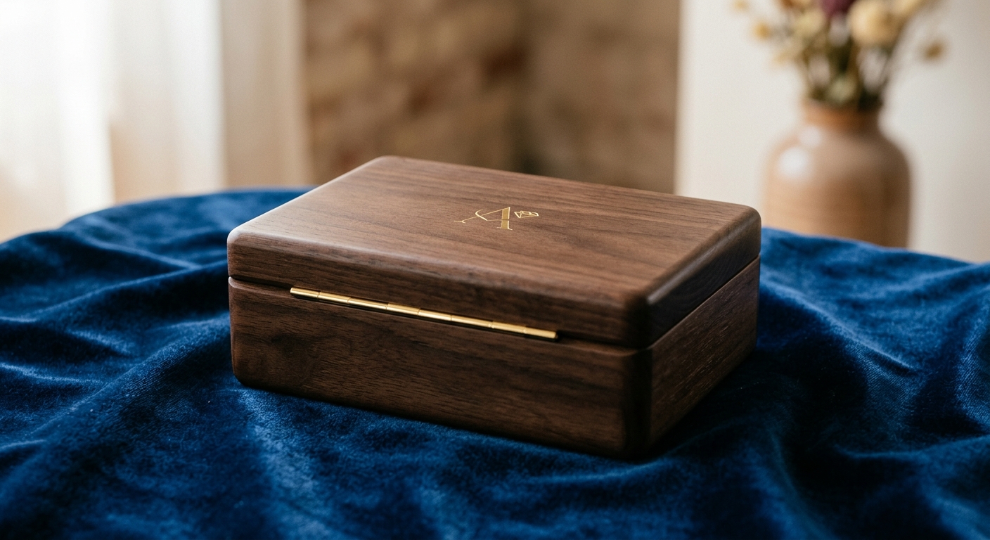 Caja de madera rectangular cerrada con cierre dorado, presentada sobre tela azul