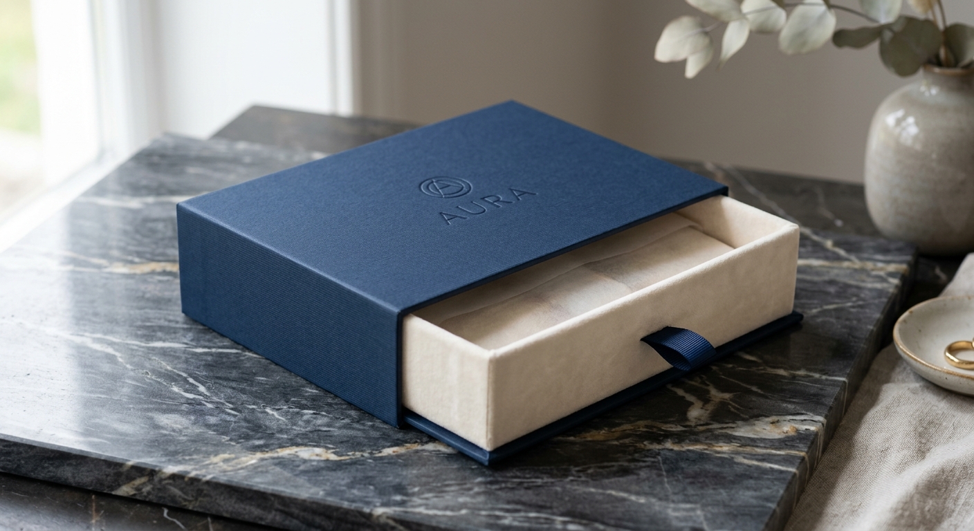 Caja rígida azul oscuro tipo cajón, entreabierta, con el interior forrado en color beige