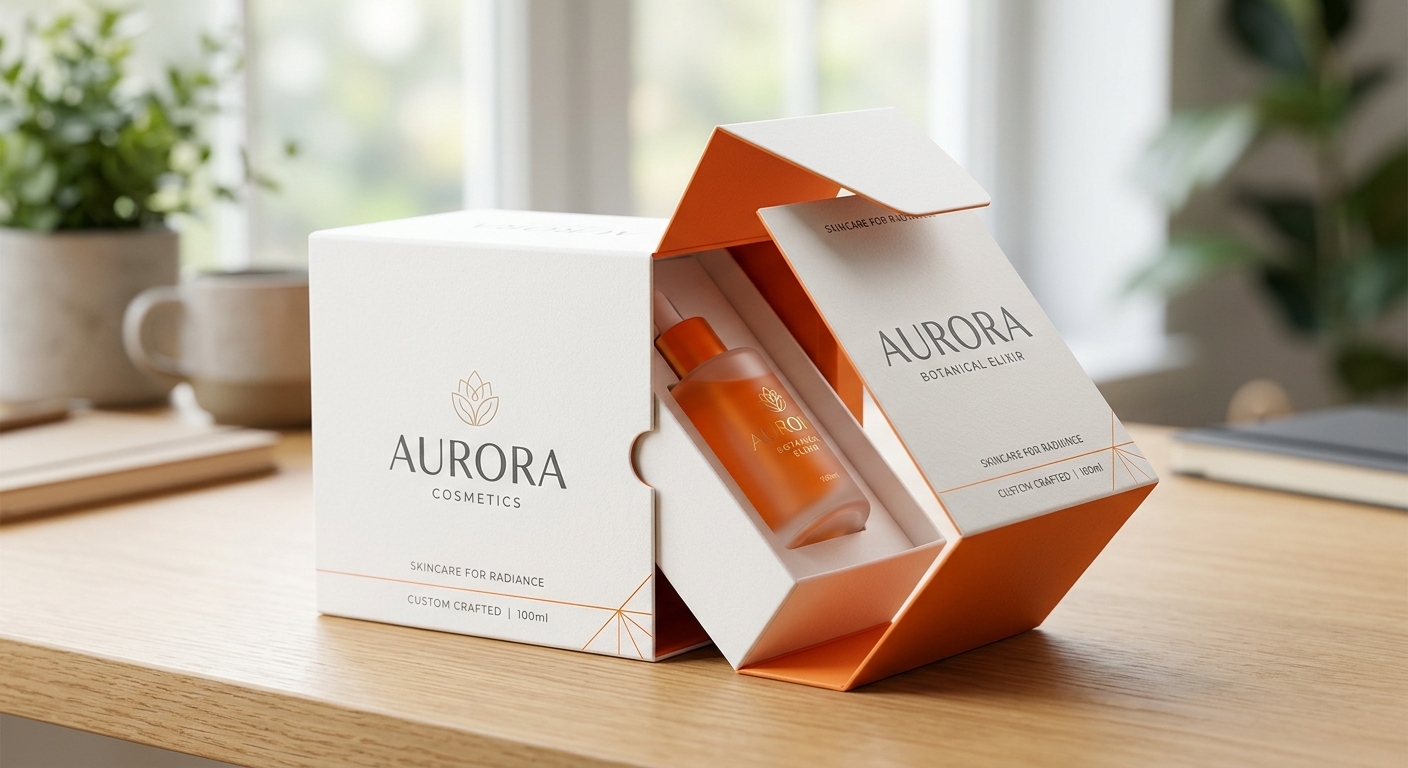 Caja rígida blanca abierta con interior naranja y un frasco ámbar, sobre una mesa de madera