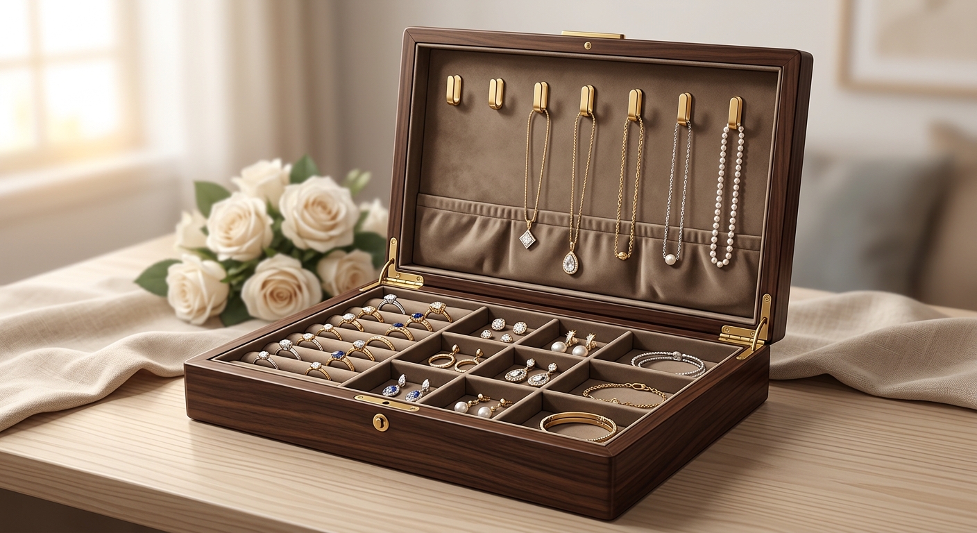 Joyero de madera abierto con compartimentos y varias piezas de joyería en su interior
