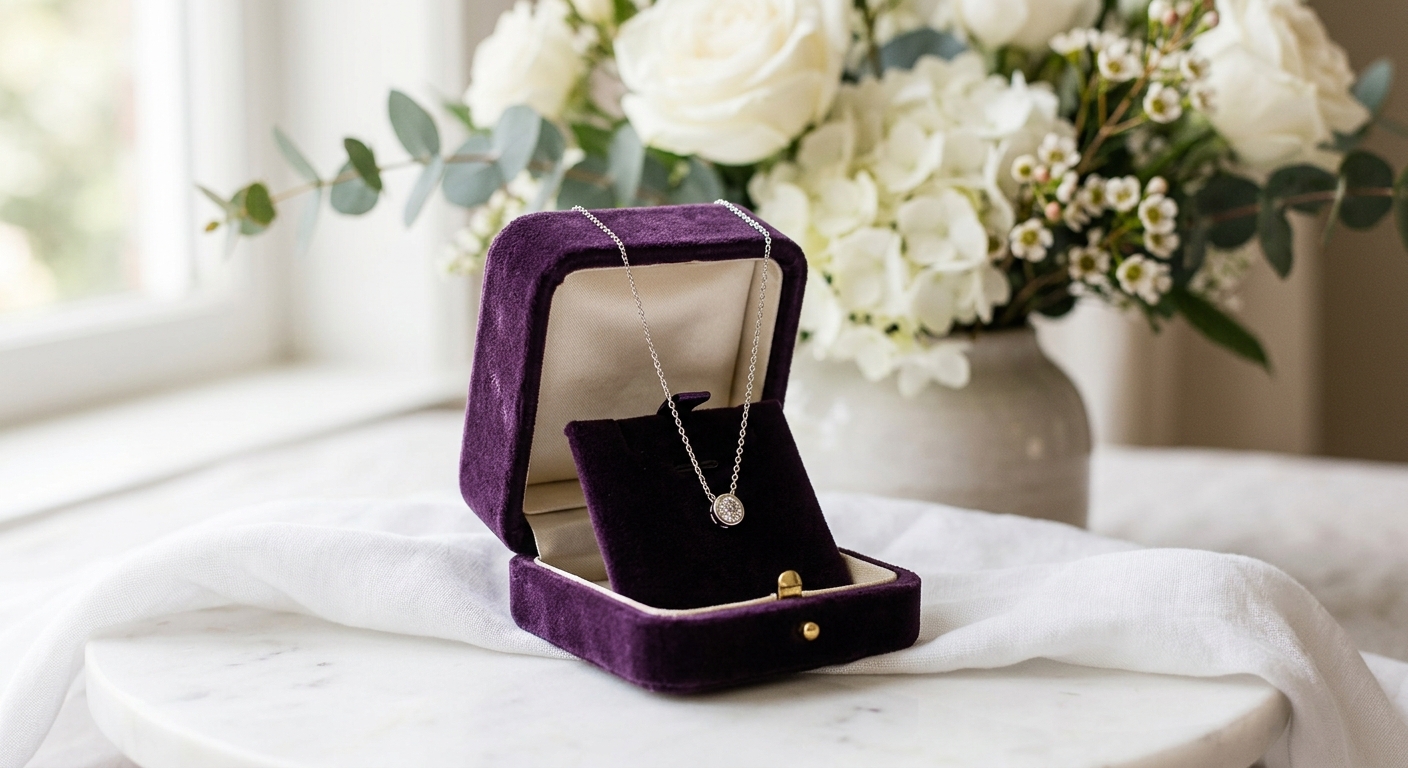 Estuche de terciopelo morado abierto con un collar en su interior, junto a unas flores