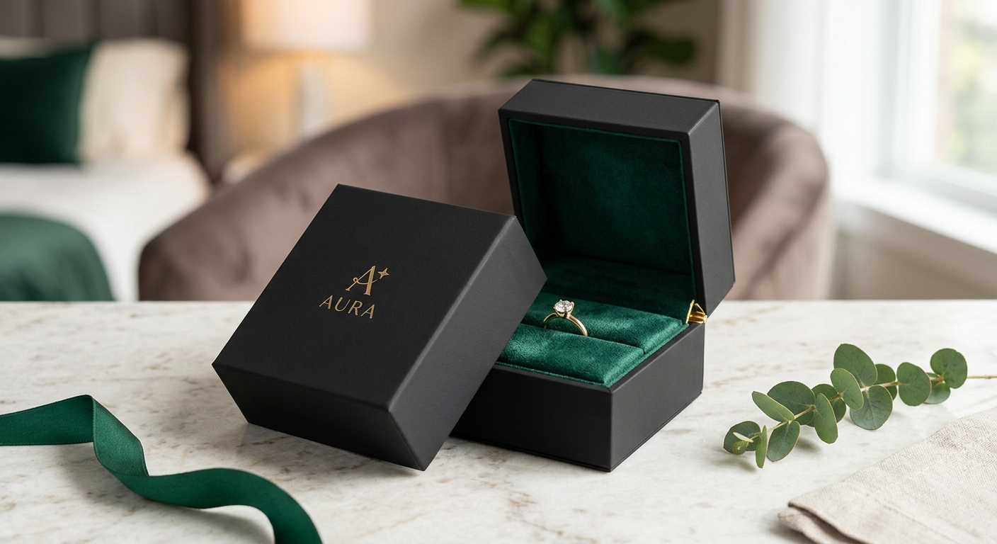 Caja negra abierta con forro interior verde y un anillo de oro en su interior