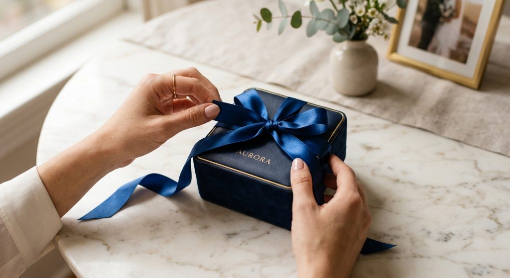 Manos atando un lazo azul sobre una caja rectangular azul oscuro, sobre mármol con flores