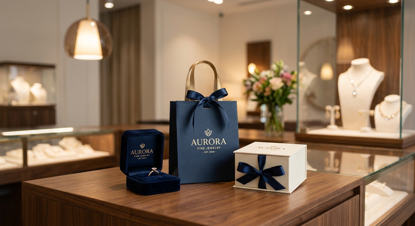 Interior de una joyería: una bolsa azul y varios estuches sobre el mostrador