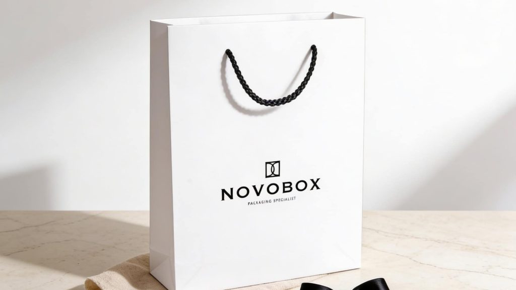 Bolsa de papel blanca de joyería con asa de cordón negro y el logotipo de NOVOBOX