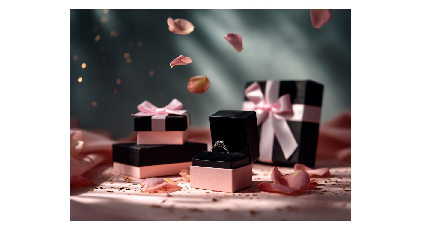 Cajas de regalo y un joyero abierto con un anillo sobre mármol