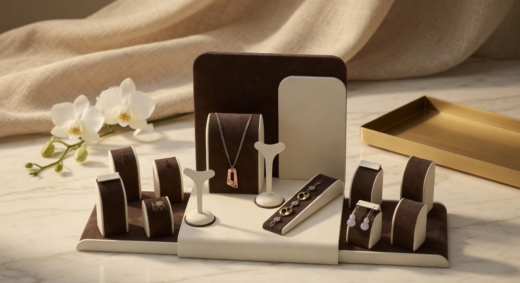 Expositor de joyas con collares, pendientes y anillos sobre mármol