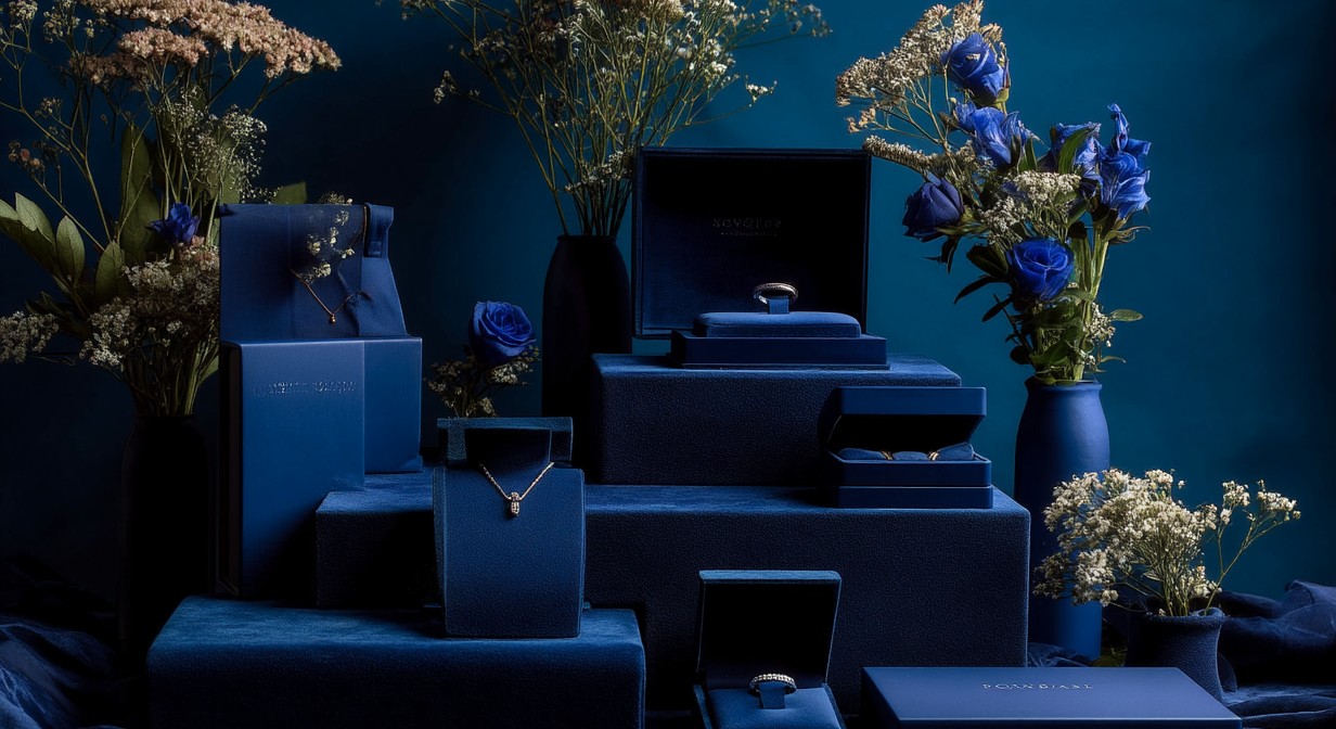 Set de exposición de joyería en azul profundo con cajas y busto
