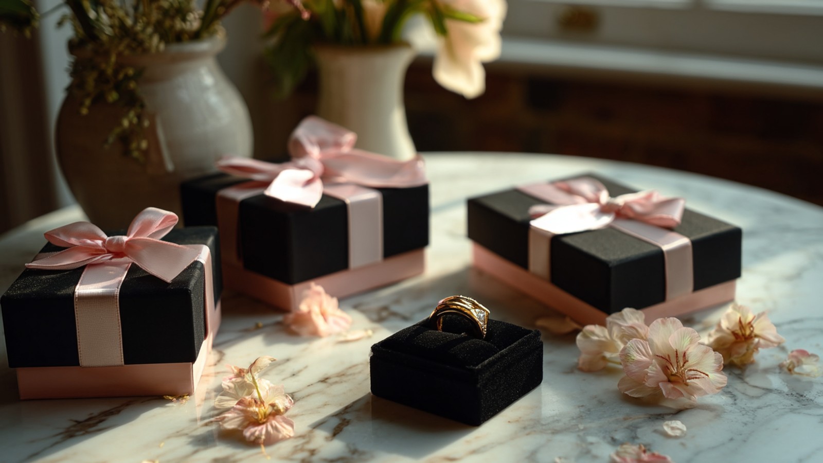 Cajas y estuches de joyería de proveedores seleccionados, con anillos en su interior