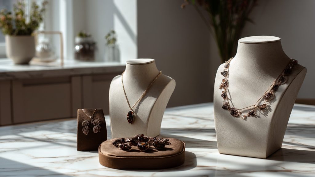 Interior de una joyería con bustos y collares de oro en clave minimalista