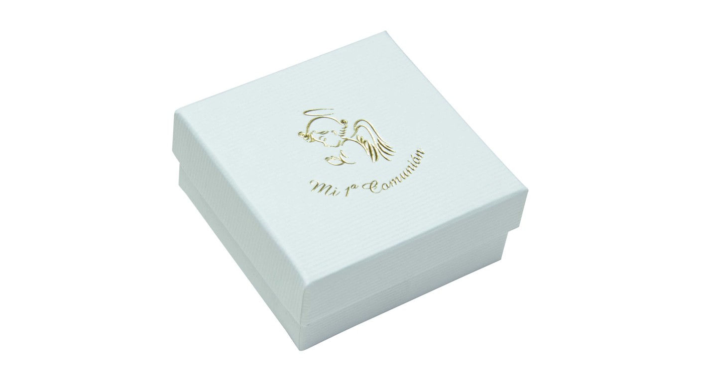 Estuche de cartón forrado con el logotipo estampado en dorado