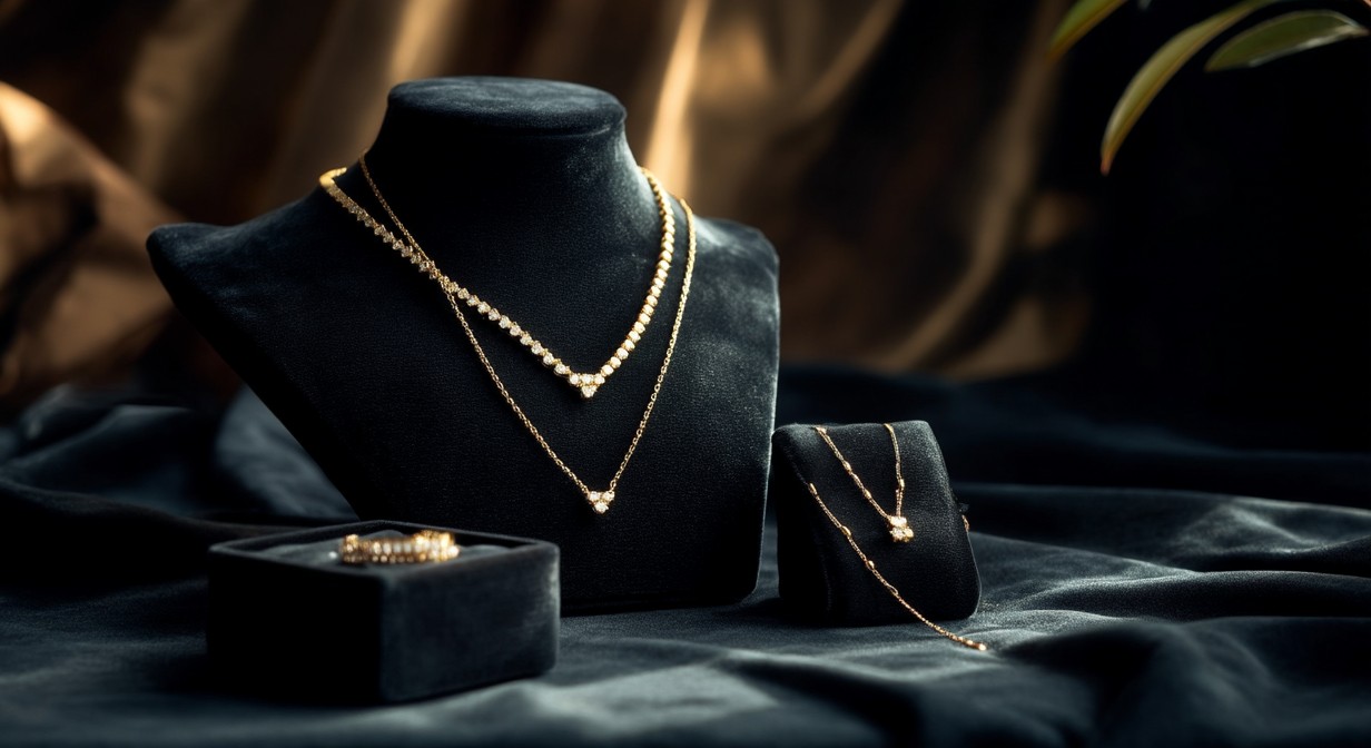 Busto con un collar de oro junto a una caja de joyería, luz cálida