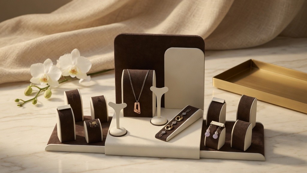 Expositor de joyas con collares, pendientes y anillos sobre mármol