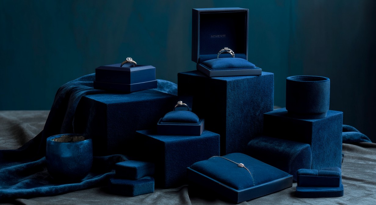 Bodegón de cajas de joyería azul marino, varias abiertas