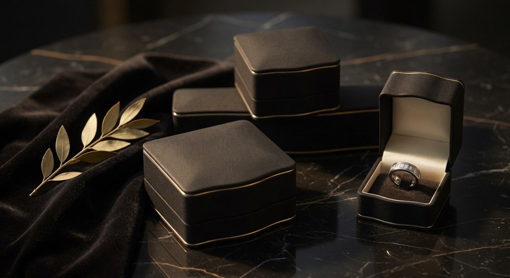 Cajas de joyería negras sobre tela oscura con una hoja dorada y un anillo