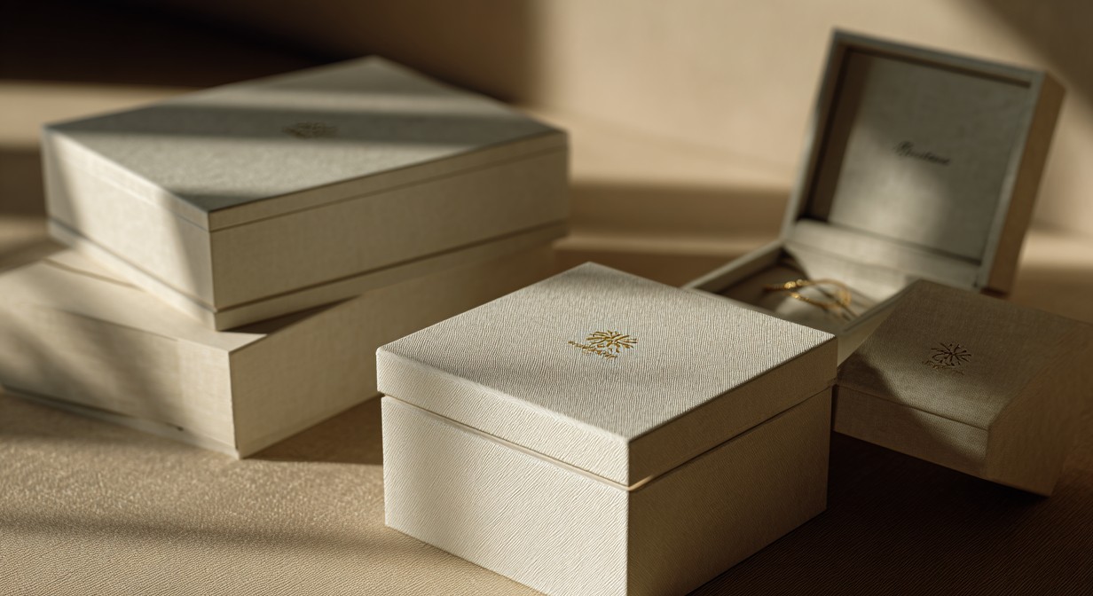 Cajas de joyería en tono marfil apiladas, con una pieza en su interior