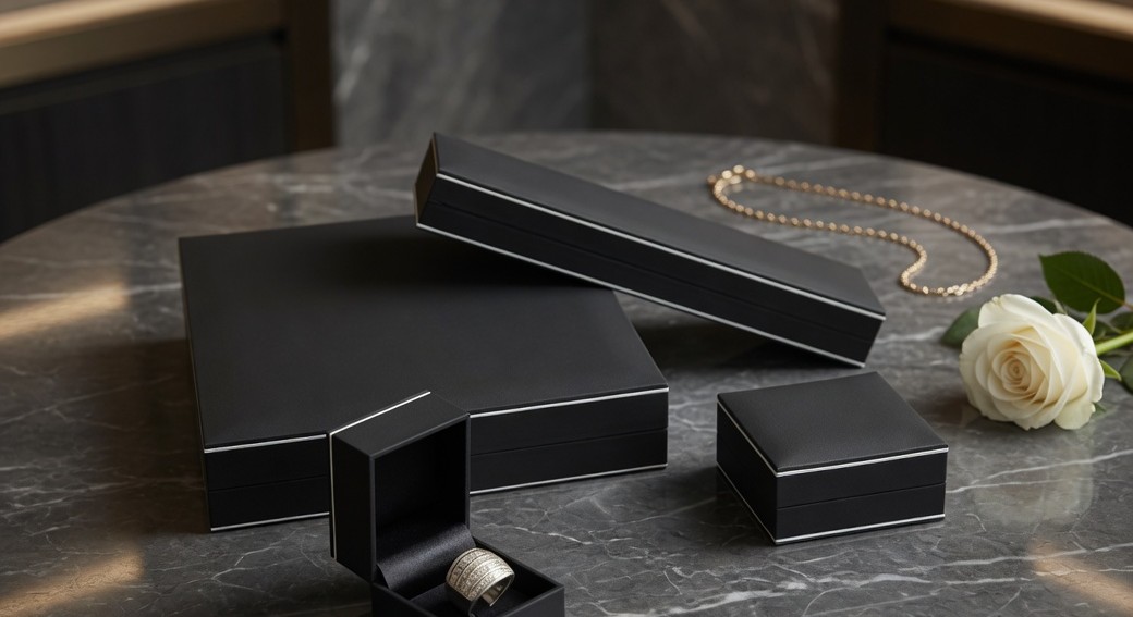 Caja de joyería abierta con anillo y collar sobre mármol, junto a una rosa