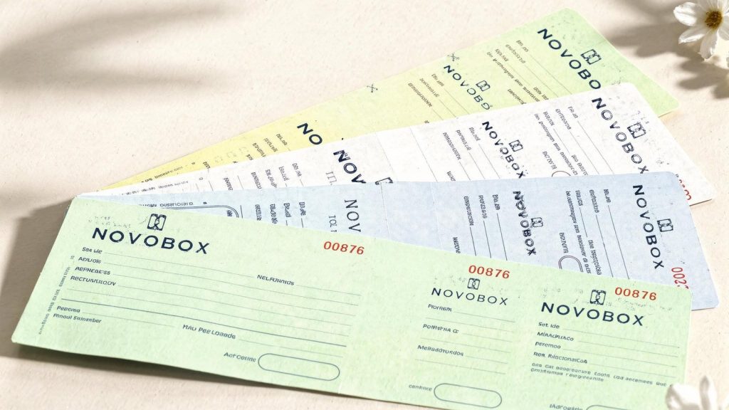 Sobres de compostura de NOVOBOX en varios colores, con el recibo y el número de referencia