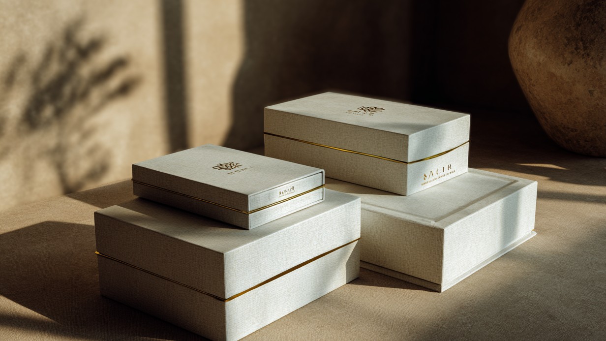 Cajas de joyería en acabado marfil con textura, montadas en composición editorial