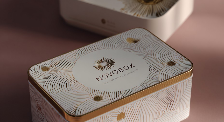 Caja de packaging de NOVOBOX con acabado floral dorado