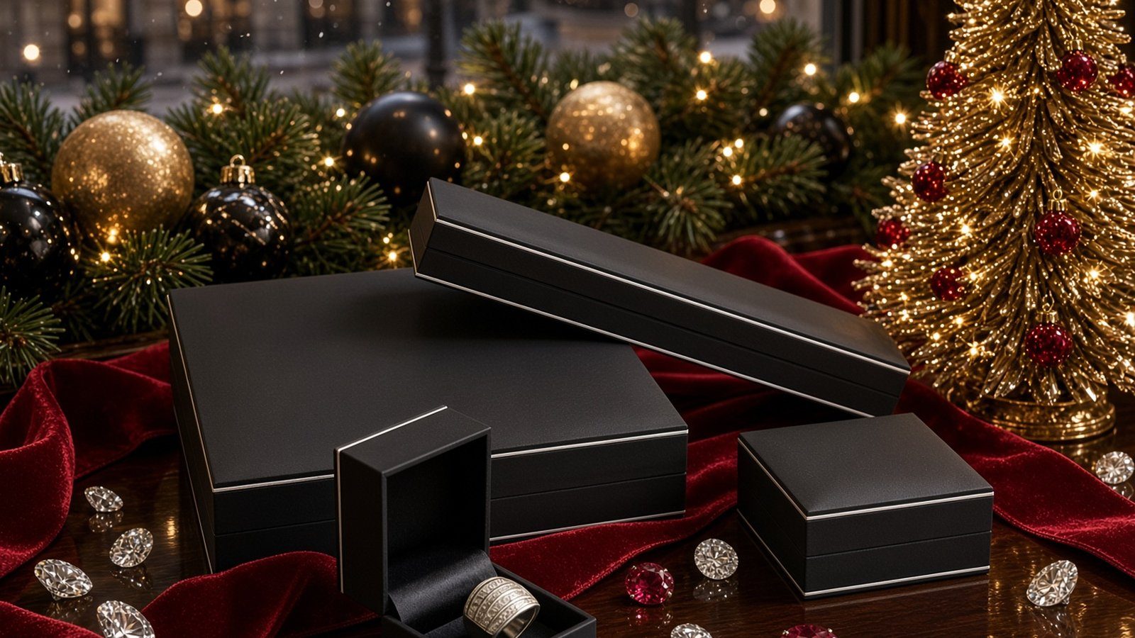 Estuches forrados negros con un anillo, delante de un árbol de Navidad y una ventana iluminada