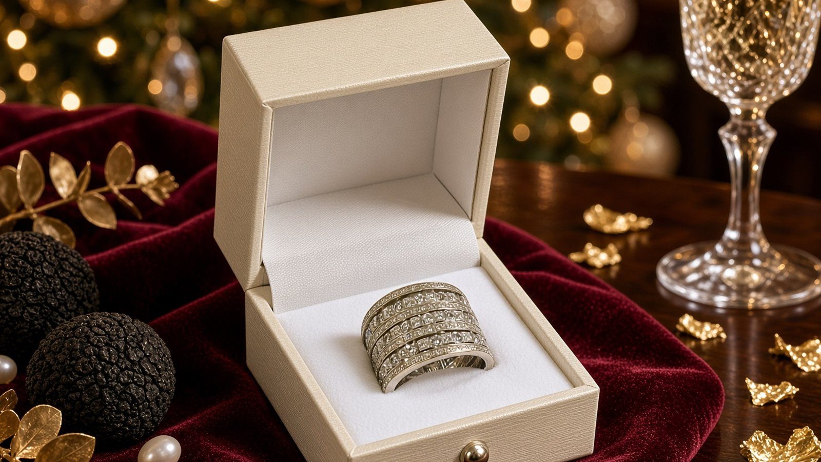 Joyero forrado abierto con un anillo de diamantes sobre terciopelo rojo