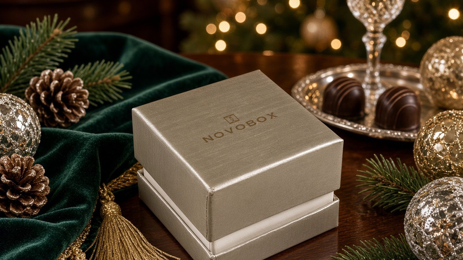 Caja de Novobox con su logotipo en la tapa, sobre terciopelo verde con adornos de Navidad